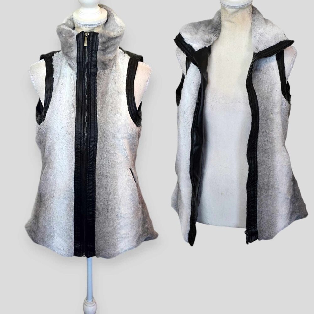 Go Coco Women's Vegan Faux Fur Leather Vest Full Zop Jacket Size Small